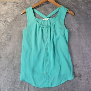 E&M Womens S Mint‎ Green Button Front Tank Crossback Pocket Top Lightweight